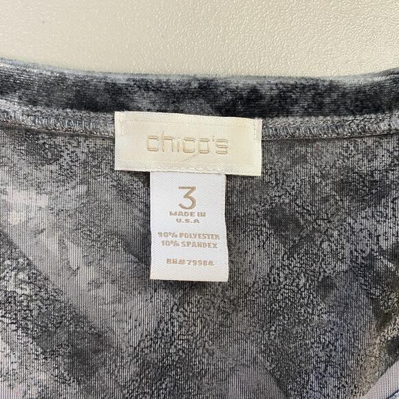 Chicos Top Size 3 Gray Black Stretch Velour Metallic Abstract Dressy Holiday XL - Picture 7 of 9